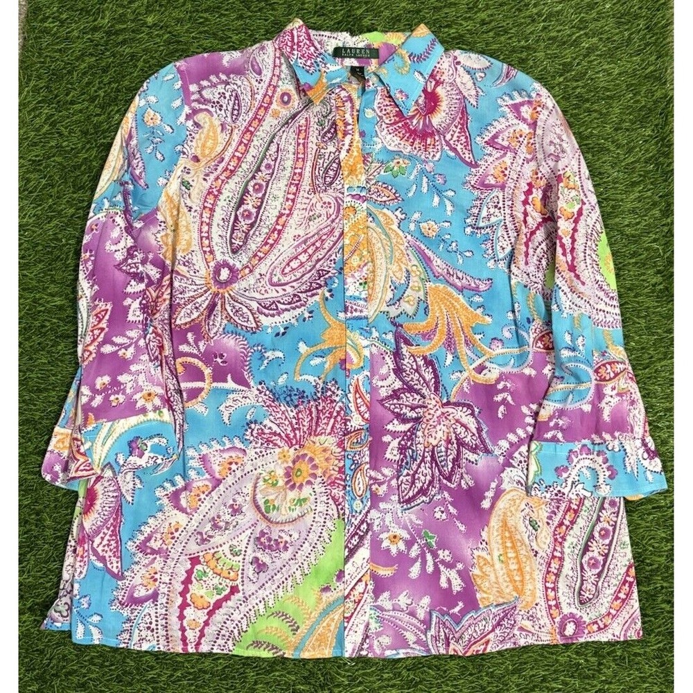 Lauren Ralph Lauren Womens 1X Colorful Paisley Button Up Long Sleeve Flowers
